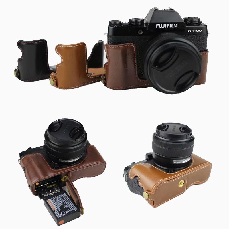 Fujifilm fuji X-T100 xt100 x t100 용 휴대용 pu 가죽 케이스 카메라 가방 배터리 개방이있는 하프 바디 세트 커버